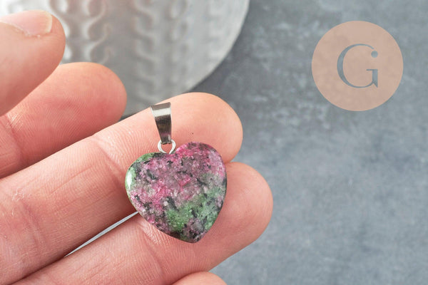 Pendentif coeur rubis zoisite naturel laiton platine 22mm, pendentif pour création bijou amour x1 G2580