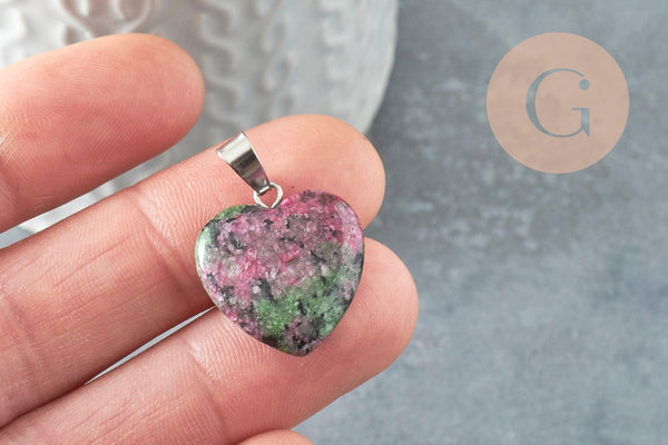 Pendentif coeur rubis zoisite naturel laiton platine 22mm, x1 (G2580)
