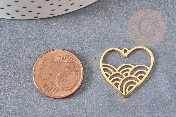 Pendentif coeur vagues acier doré 22.5, breloque doré, acier inoxydable doré, pendentif sans nickel, création bijoux, x1 G6275