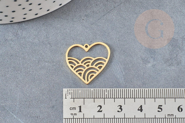 Pendentif coeur vagues acier doré 22.5, breloque doré, acier inoxydable doré, pendentif sans nickel, création bijoux, x1 G6275