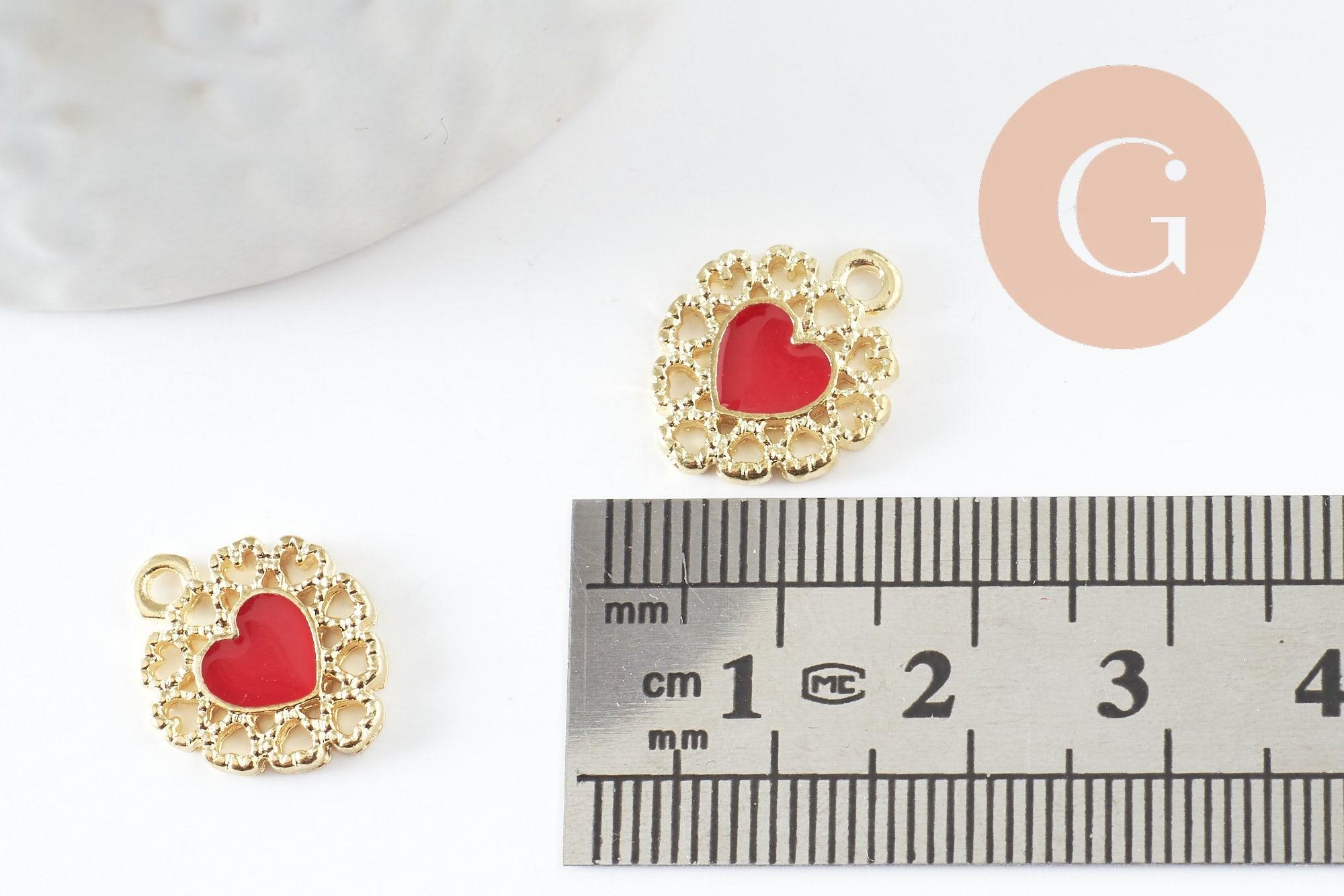 Pendentif coeur zamac doré émail rouge 16mm, création bijou coeur et amour, un bijou en dentelle dorée x2 (G4221)