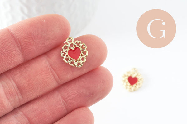 Pendentif coeur zamac doré émail rouge 16mm, création bijou coeur et amour, un bijou en dentelle dorée x2 (G4221)