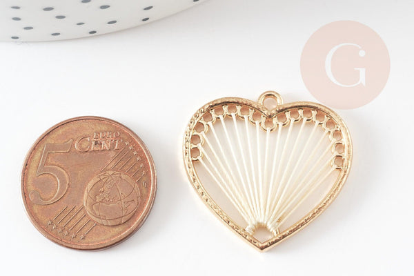 Pendentif coeur zamac doré tissé coton blanc 26.5mm, sans nickel, perle géométrique, x2 (G3767)