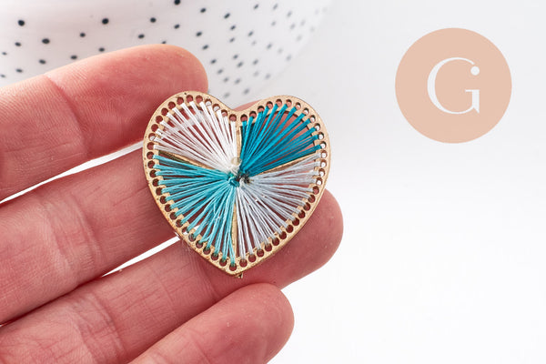 Pendentif coeur zamac doré tissé fil multicolore 26.5mm,fournitures créatives, sans nickel,perle géométrique, x1 (G5843)
