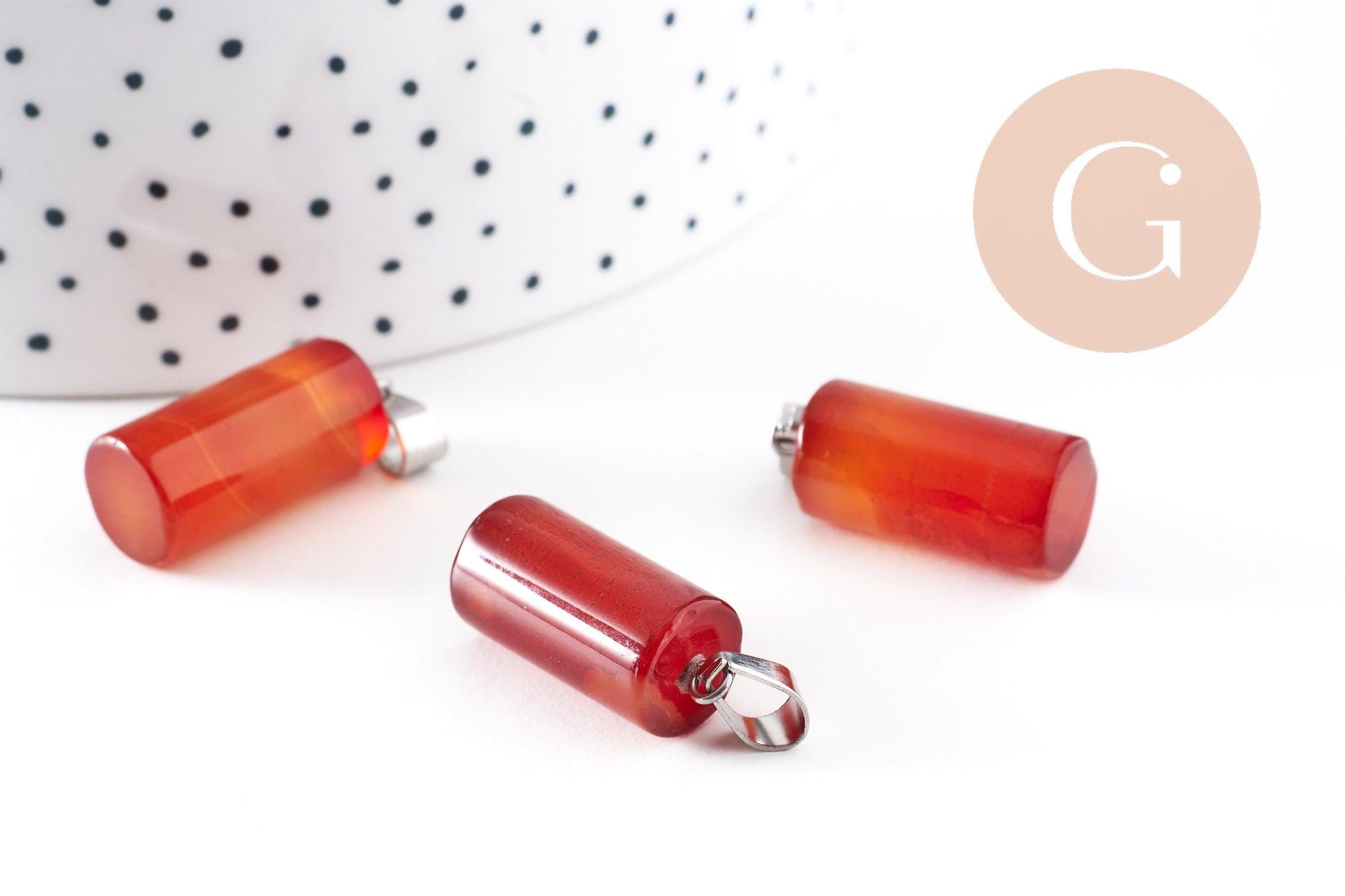 Pendentif colone agate naturelle rouge acier inoxydable platine 25mm, x1 (G10074)