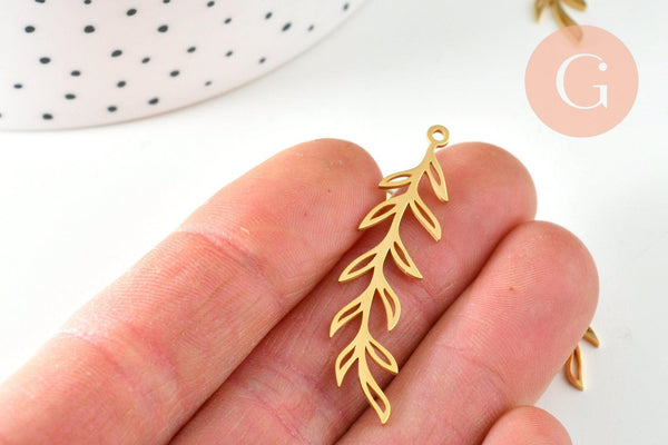 Pendentif connecteur acier doré inoxydable feuille 44mm, bijou acier hypoallergénique sans libération de nickel, x1, G6338