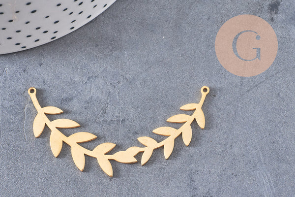 Pendentif connecteur acier doré inoxydable feuille laurier, un bijou en acier hypoallergénique sans libération de nickel,59mm x1 G4550