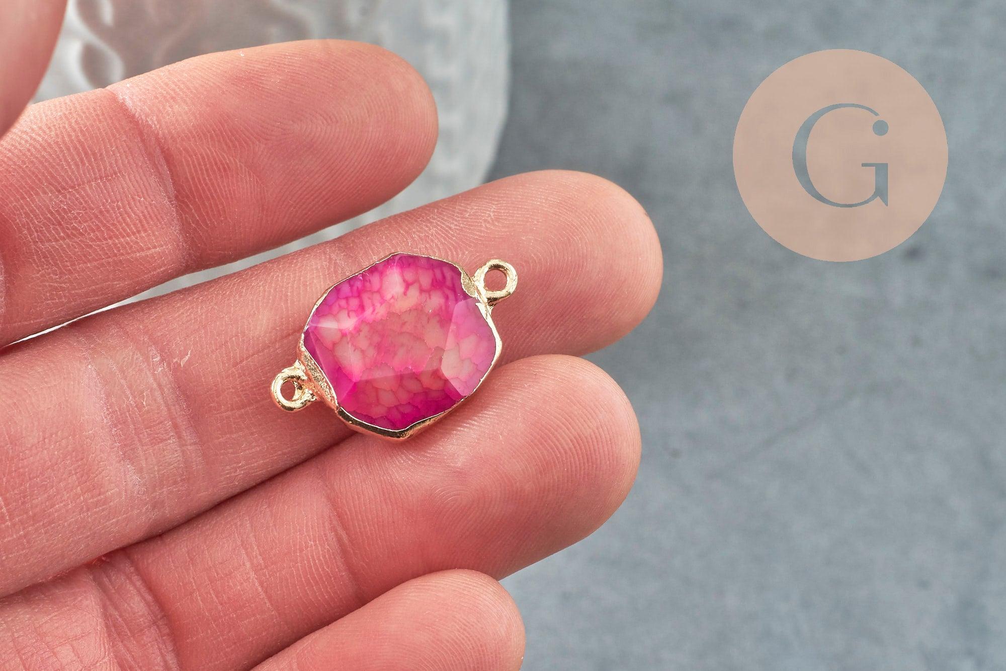 Pendentif connecteur agate naturelle teintée rose fer doré 25mm,création bijoux pierre naturelle, x1 G5707