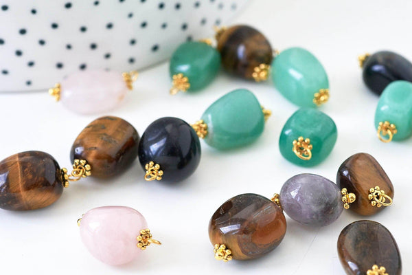 Pendentif connecteur aventurine améthyste quartz agate oeil du tigre zamac doré 21mm,pendentif pierre naturelle, x1 (G5659)