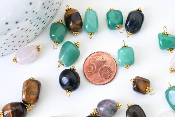 Pendentif connecteur aventurine améthyste quartz agate oeil du tigre zamac doré 21mm,pendentif pierre naturelle, x1 (G5659)