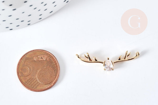 Pendentif connecteur bois de cerf laiton doré 18K cristal zircon blanc 31.5mm, pendentif doré pour création bijou porte-bonheur, x1 G8578