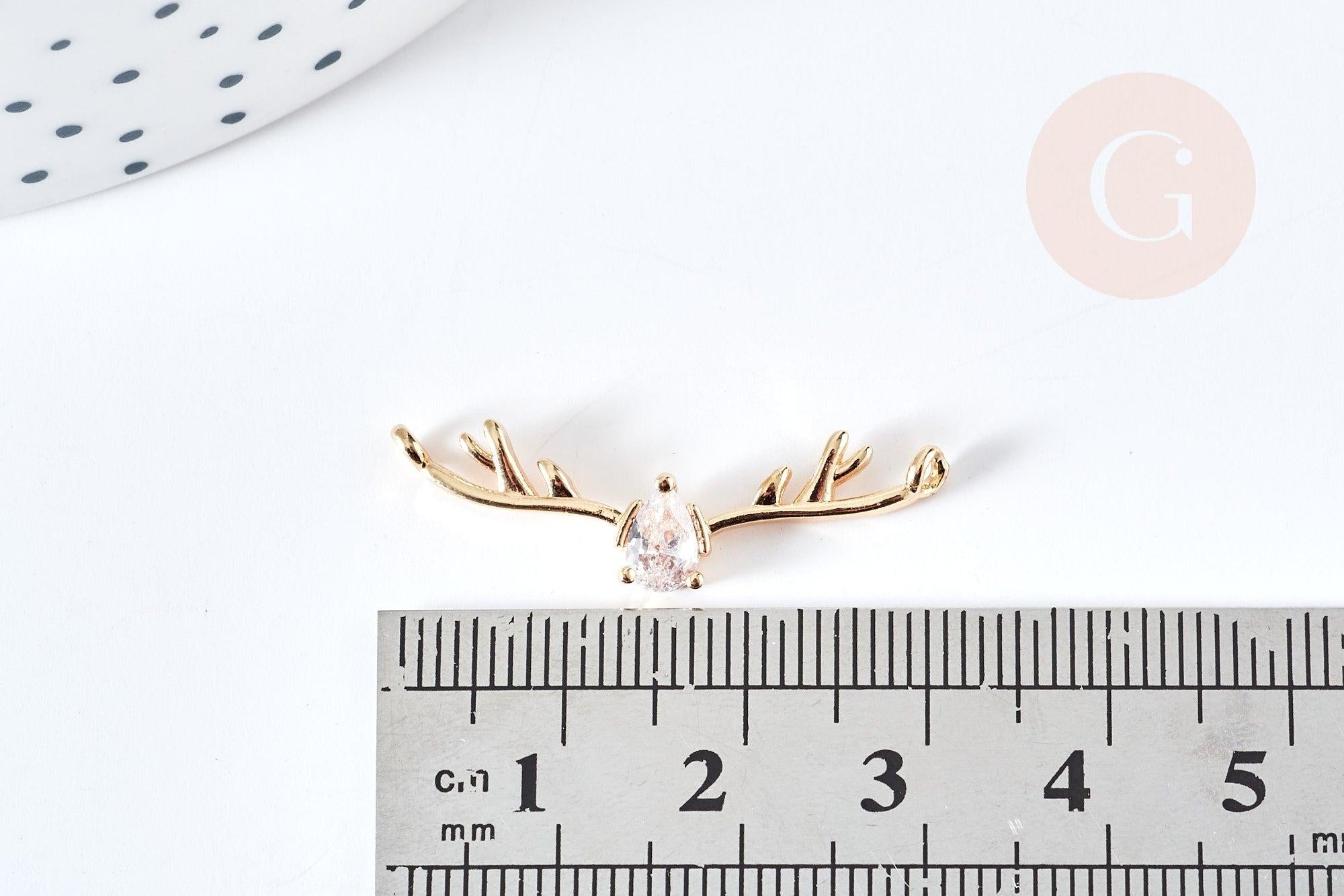 Pendentif connecteur bois de cerf laiton doré 18K cristal zircon blanc 31.5mm, pendentif doré pour création bijou porte-bonheur, x1 G8578