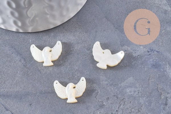 Pendentif connecteur colombe nacre blanche naturelle 18mm, x1 (G9928)