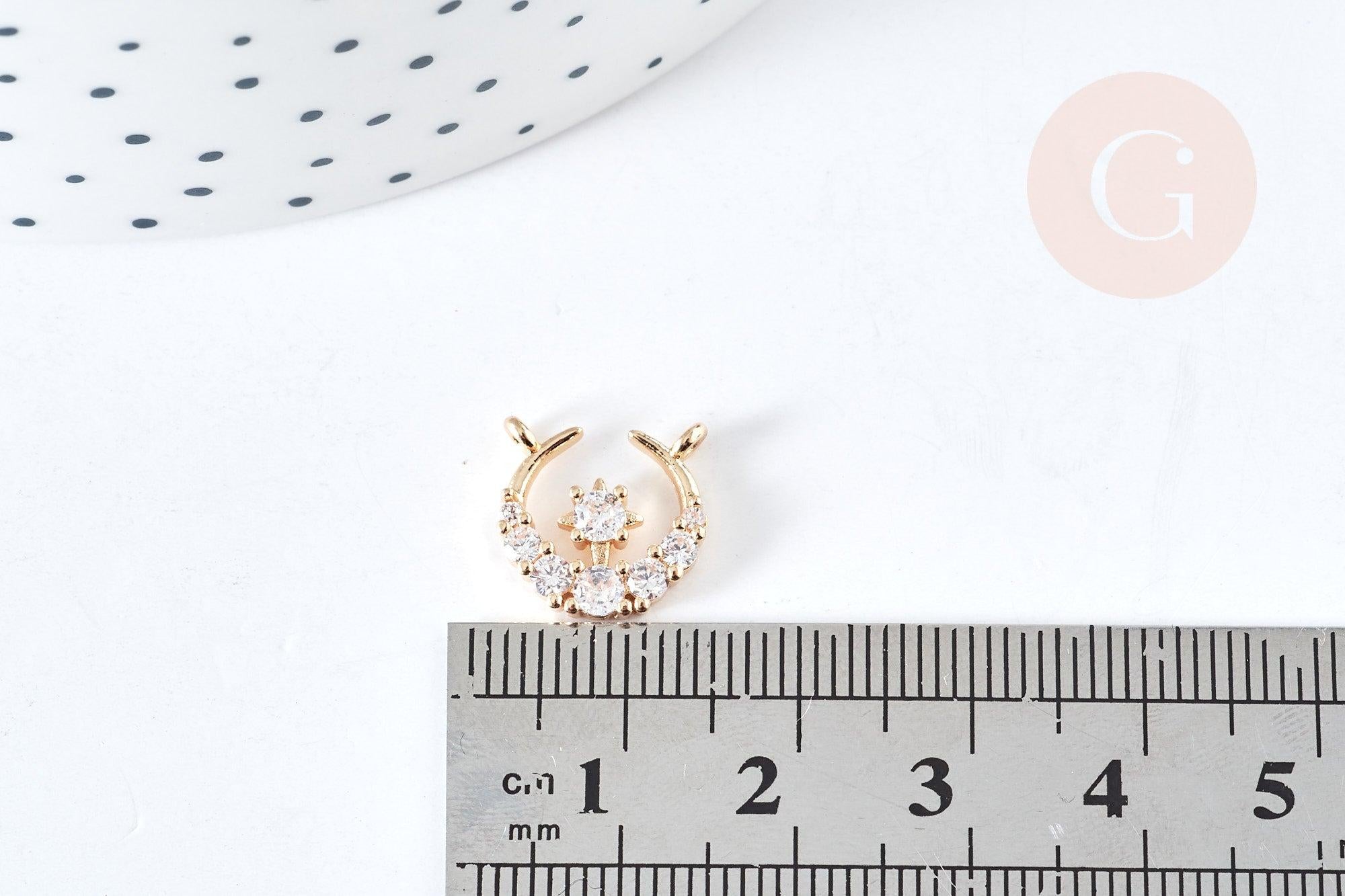 Pendentif connecteur croissant lune laiton doré zircons blancs 12mm,creation bijoux Lune, x1 (G8437)
