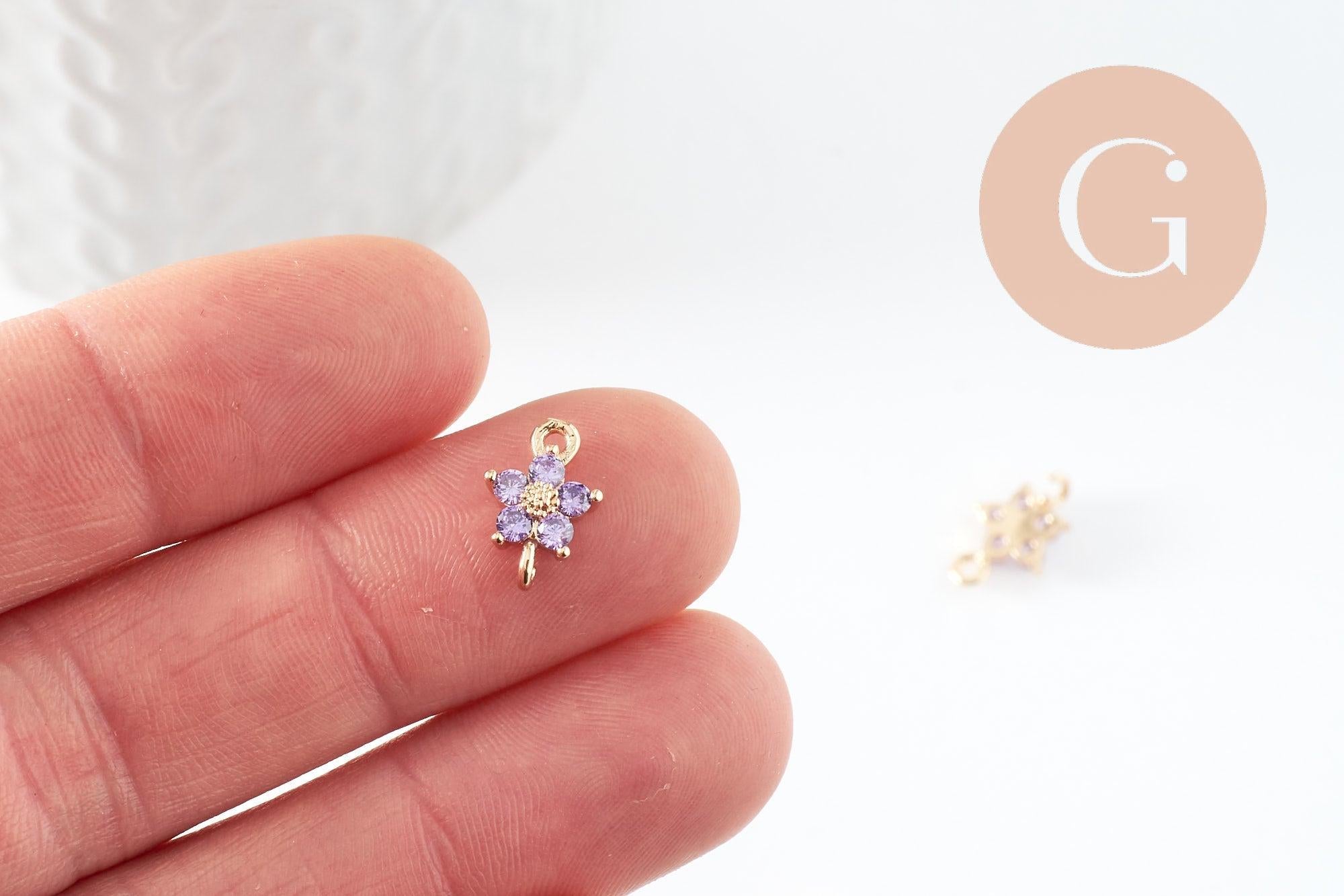 Pendentif connecteur fleur doré 24 carats zircon violet,pendentif doré cristal, 12.5mm, x1 (G4035)