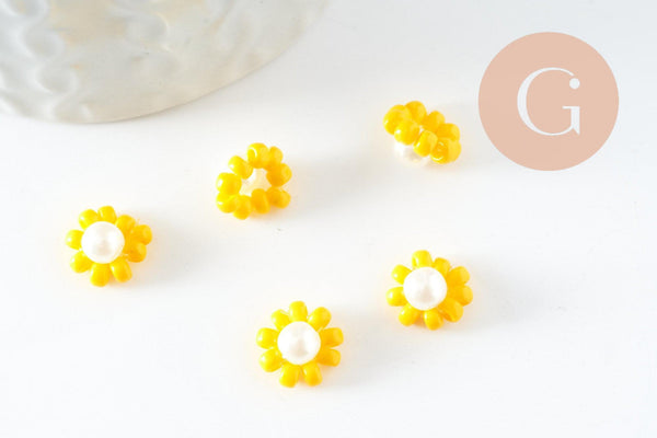 Pendentif connecteur fleur rocaille verre jaune,pendentif verre pour création bijoux, 10mm, x5 G4026