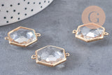 Pendentif connecteur hexagone doré cristal transparent facettes,pendentif cristal, pendentif doré,création bijoux,25.5mm, x 2 (G2647)