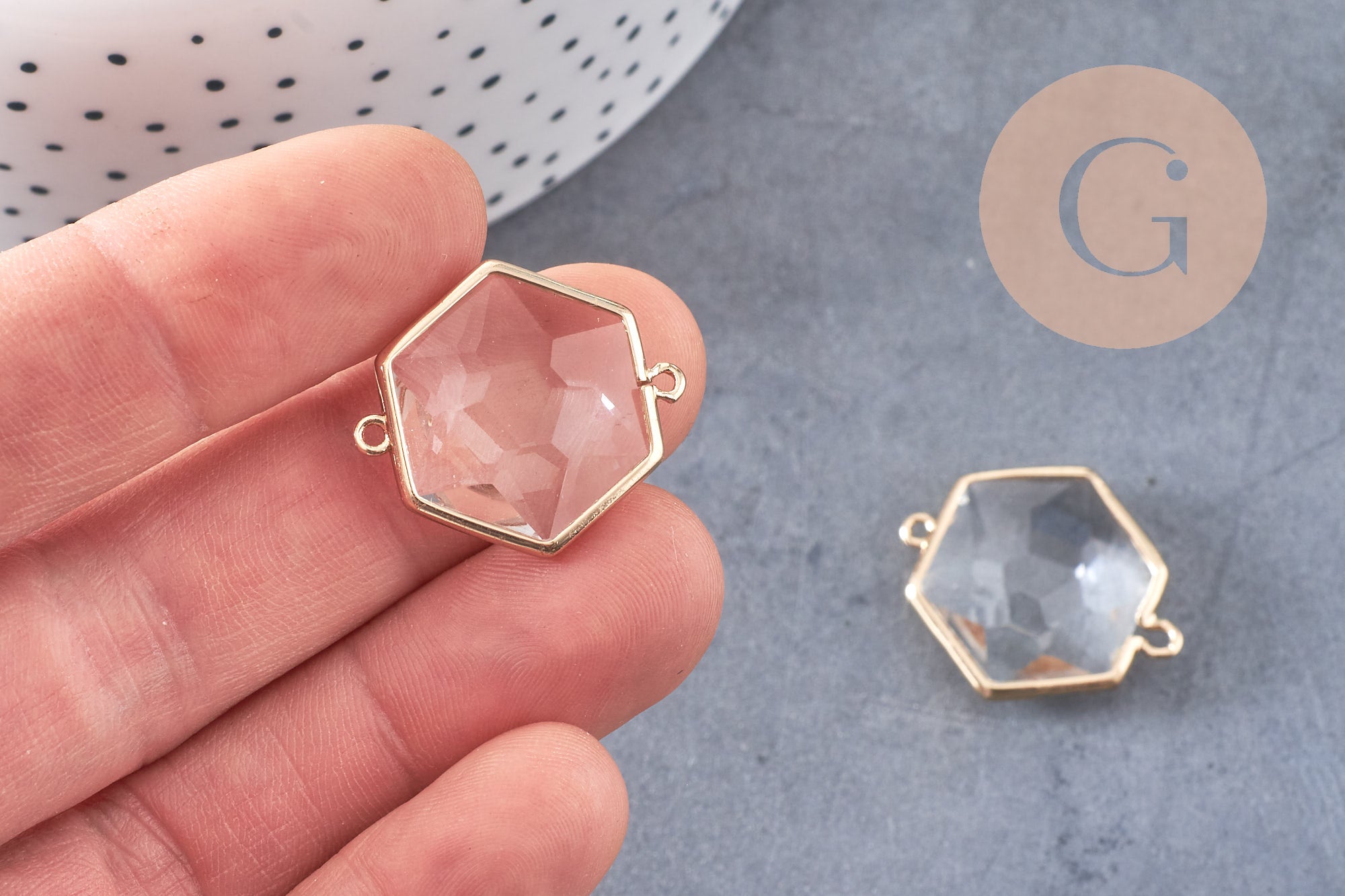 Pendentif connecteur hexagone doré cristal transparent facettes,pendentif cristal, pendentif doré,création bijoux,25.5mm, x 2 (G2647)
