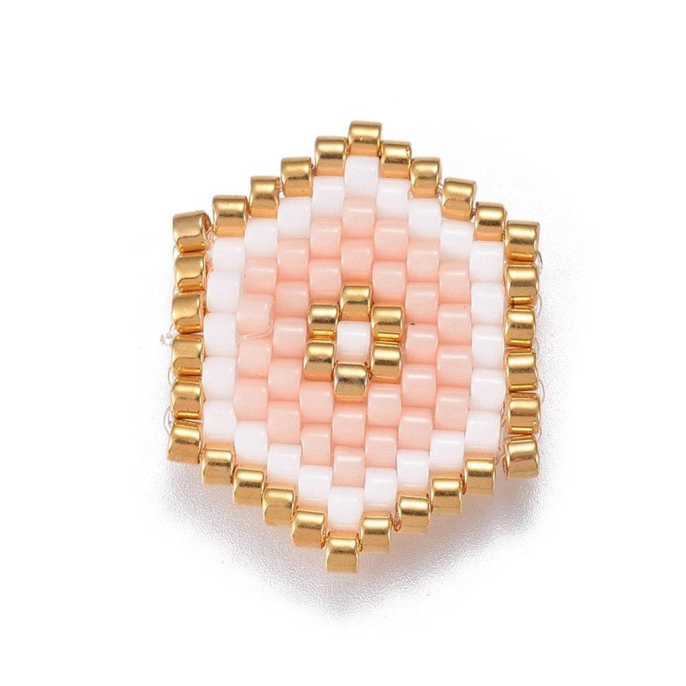 Pendentif connecteur hexagone rocaille MIYUKI TOHO rose blanc or 18x14mm,pendentif verre, x1 (G6251)