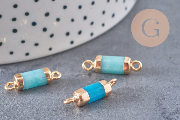 Pendentif connecteur jade bleu tube fer doré 20mm, pendentif bijoux pierre, x1 (G1031)