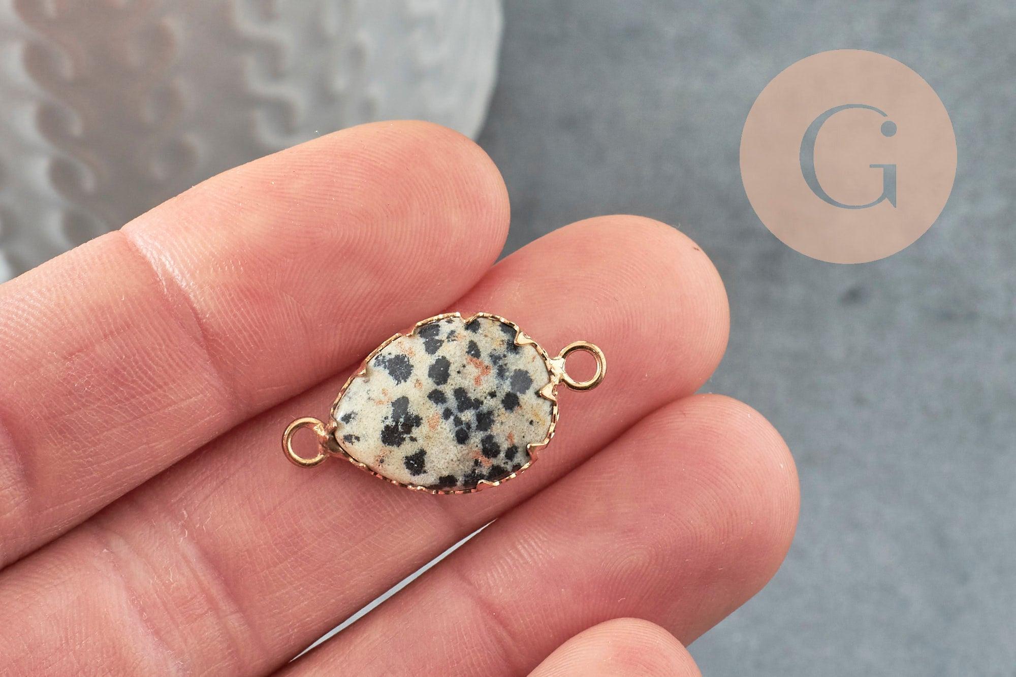 Pendentif connecteur jaspe dalmatien naturel laiton doré 27mm, x1 (G3795)