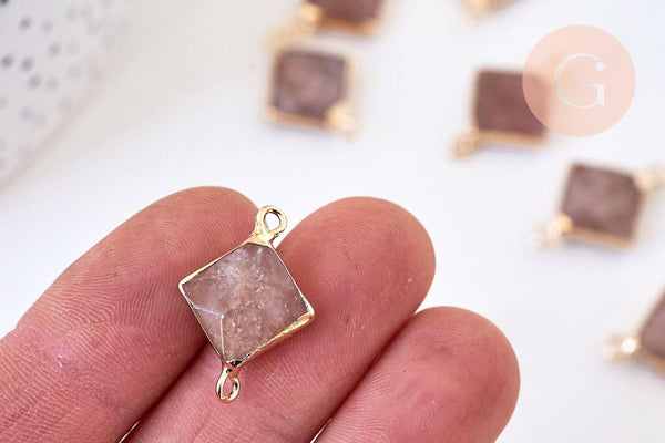 Pendentif connecteur losange quartz fraise naturel fer doré 22mm, x1 (G5589)