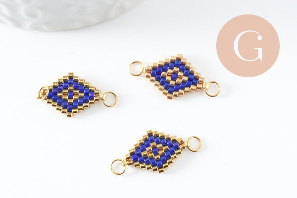 Pendentif connecteur losange rocaille MIYUKI TOHO bleu or,pendentif verre pour création bijoux, 18x12mm,x1 G4028