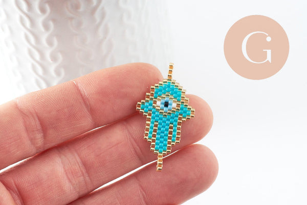 Pendentif connecteur main oeil protecteur rocaille MIYUKI TOHO turquoise or 37mm, x1 (G5725)