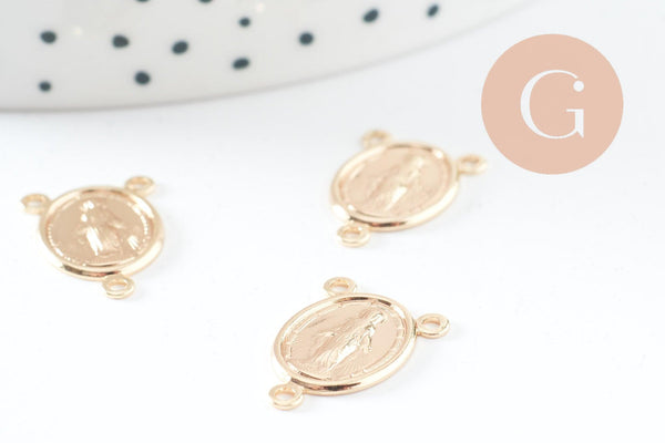 Pendentif connecteur médaille ovale Vierge Marie or 18K 17mm, pendentif 3 anneaux notre dame madonne, x5 (G10042)