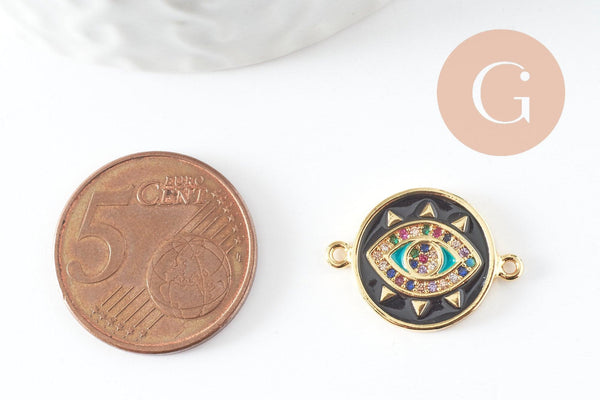 Pendentif connecteur oeil cristal zircon émail coloré,pendentif en laiton doré porte-bonheur contre mauvais oeil 20mm, x1 (G3575)