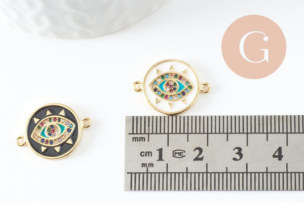 Pendentif connecteur oeil cristal zircon émail coloré,pendentif en laiton doré porte-bonheur contre mauvais oeil 20mm, x1 (G3575)