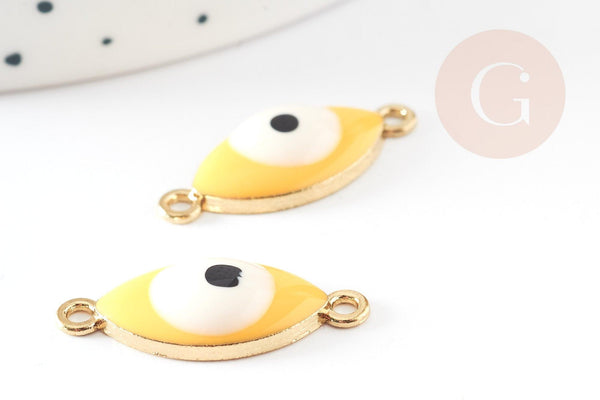 Pendentif connecteur oeil émail jaune,pendentif en laiton doré porte-bonheur contre mauvais oeil 10.5mm, x1 G3930