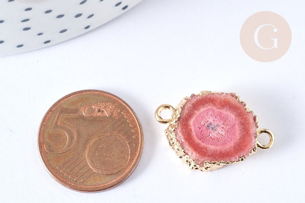 Pendentif connecteur plat rond quartz teinté rose laiton doré 24,5-33mm, pierre, x1 (G8042)