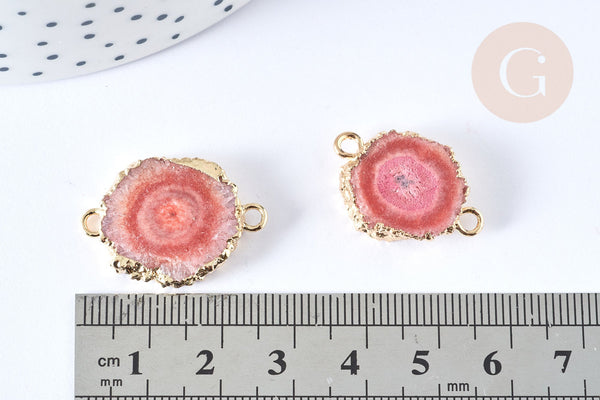 Pendentif connecteur plat rond quartz teinté rose laiton doré 24,5-33mm, pierre, x1 (G8042)