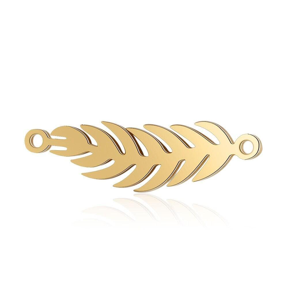 Pendentif connecteur plume acier 201 doré inoxydable, création bijou doré, 22mm, x1 (G4833)