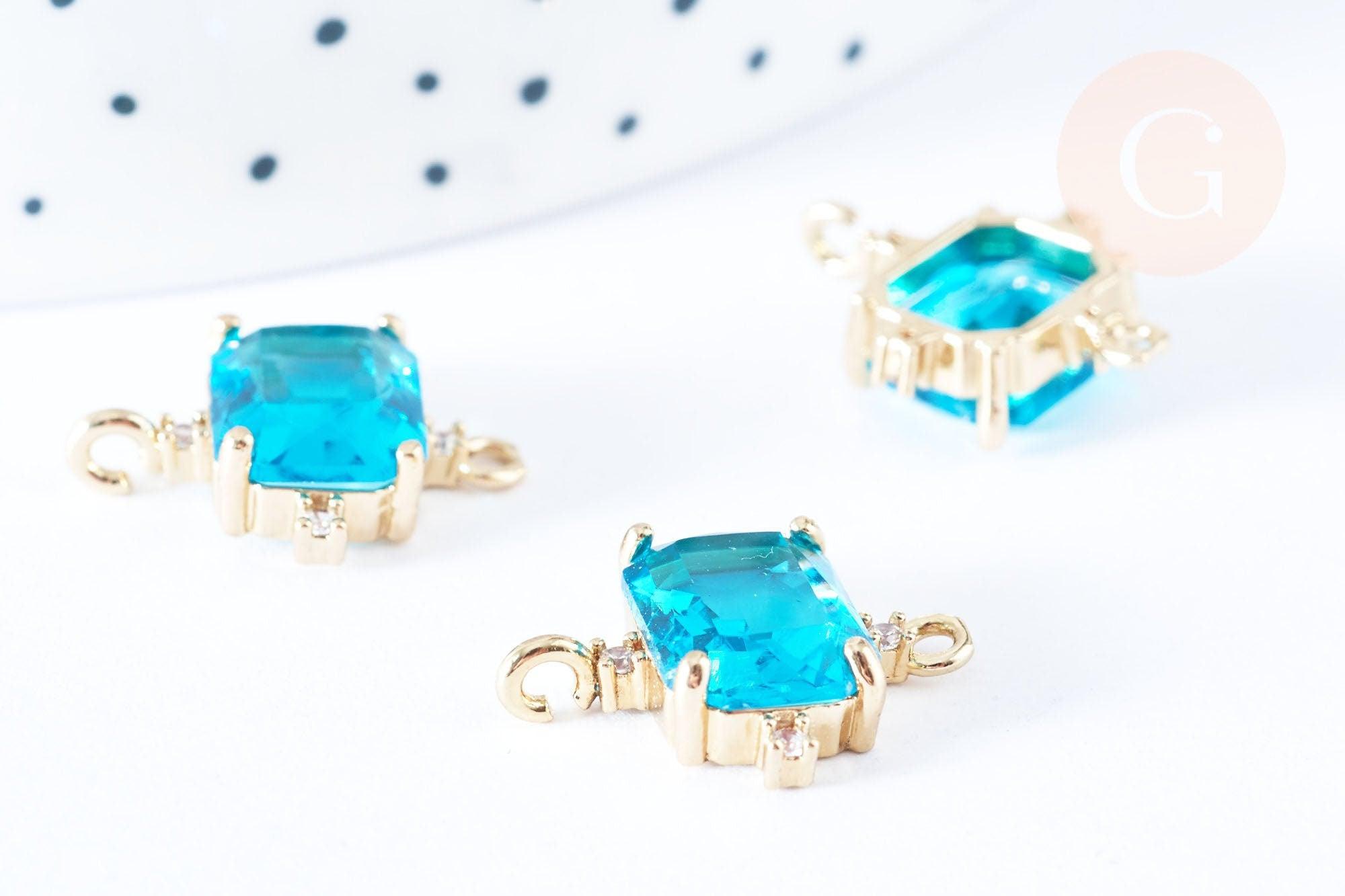 Pendentif connecteur rectangle cristal bleu transparent laiton doré 17.5mm, pendentif création bijoux, x1 (G6723)