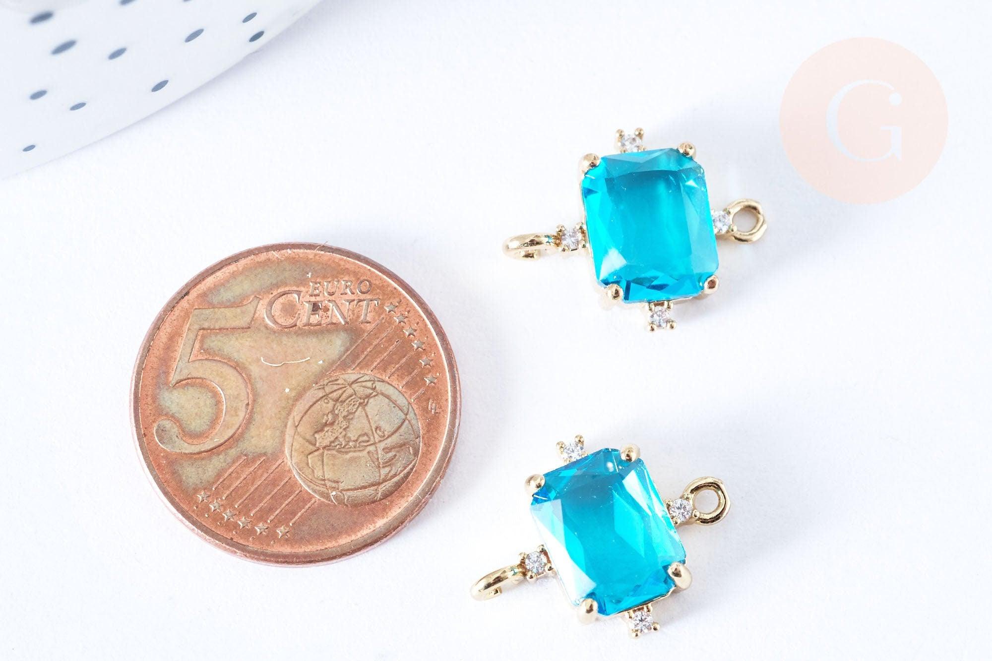 Pendentif connecteur rectangle cristal bleu transparent laiton doré 17.5mm, pendentif création bijoux, x1 (G6723)