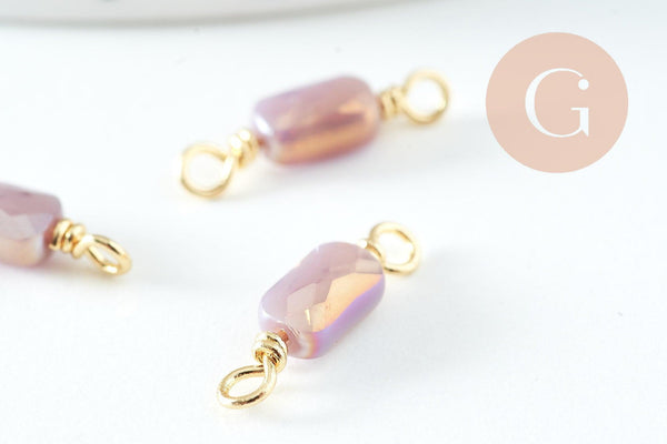 Pendentif connecteur rectangle verre facetté violet bleu irisé laiton doré 15.5mm, x5 (G10730)