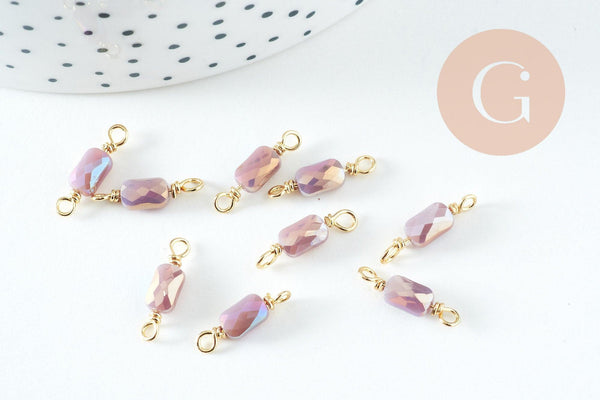 Pendentif connecteur rectangle verre facetté violet bleu irisé laiton doré 15.5mm, x5 (G10730)