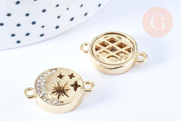 Pendentif connecteur rond étoiles laiton doré 18K zircon 24.5mm,pendentif doré avec cristaux pour création bijoux, x1 (G6646)