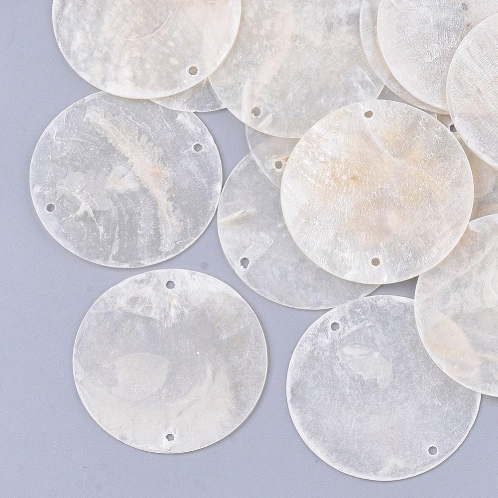 Pendentif connecteur rond nacre naturelle blanche 2 trous 40mm, x5 (G3771)