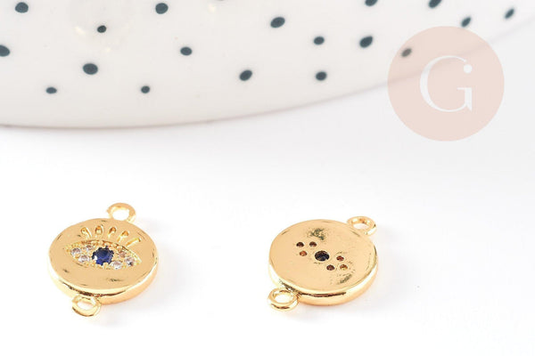 Pendentif connecteur rond oeil laiton doré 18K zircons,pendentif en laiton doré porte-bonheur contre mauvais oeil 10mm, x1 G4743