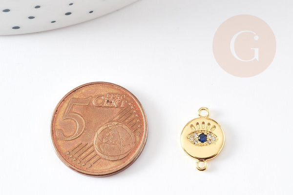Pendentif connecteur rond oeil laiton doré 18K zircons,pendentif en laiton doré porte-bonheur contre mauvais oeil 10mm, x1 G4743