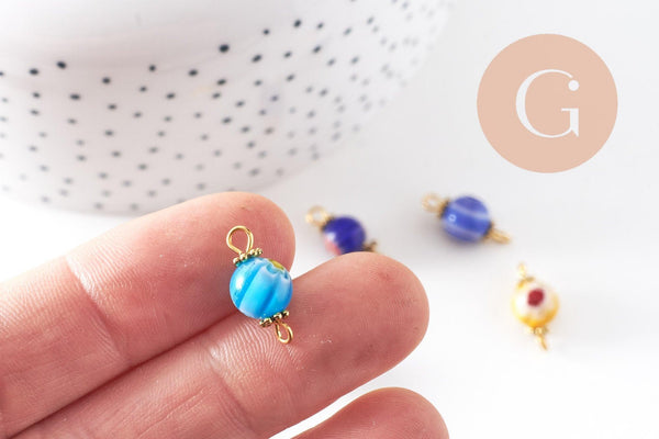 Pendentif connecteur rond verre millefiori zamac doré 18mm, x10 (G4029)