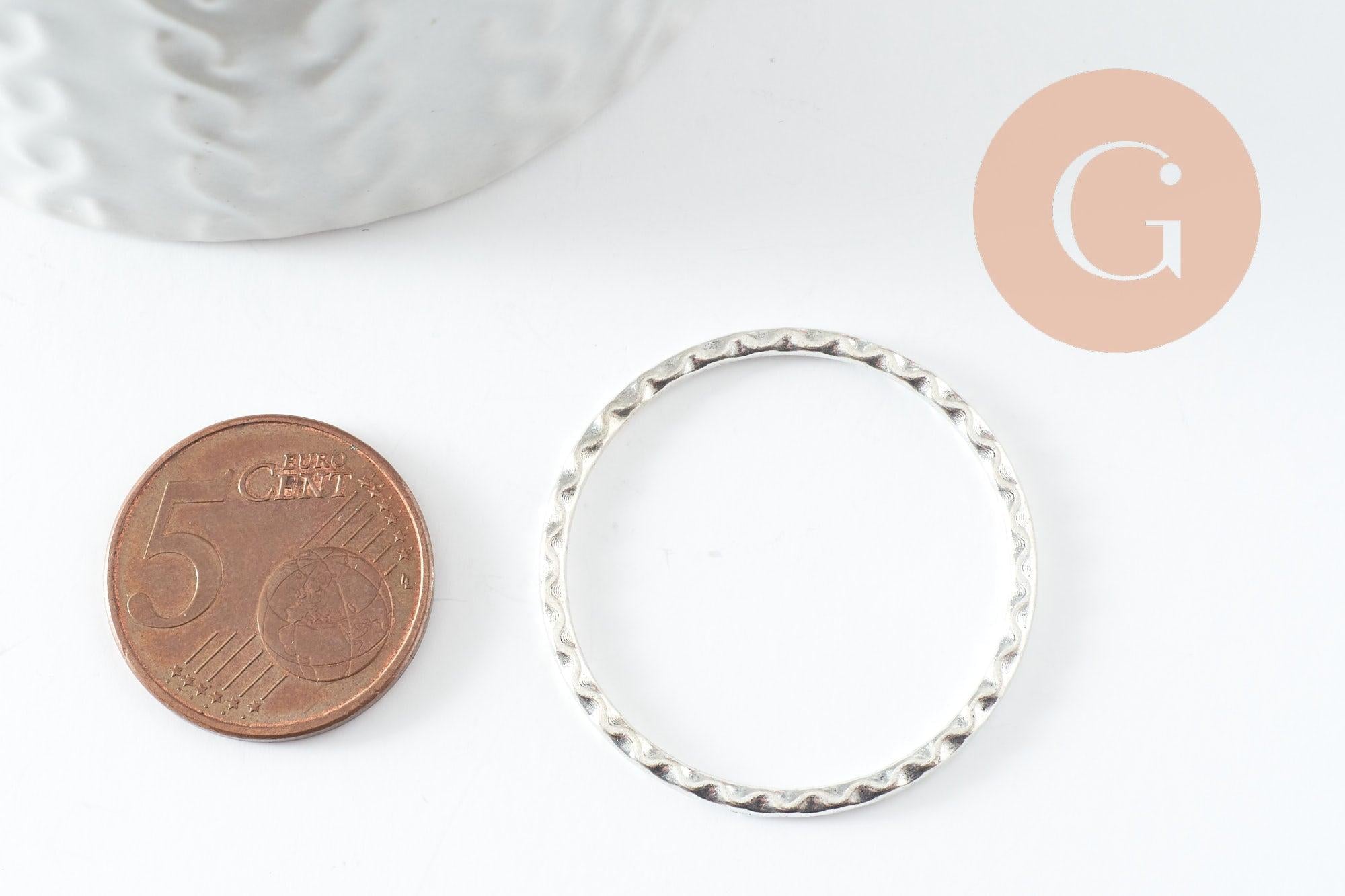 Pendentif connecteur rond zamac argenté strié 30mm, x5 (G9912)