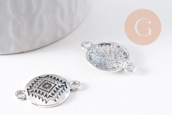 Pendentif connecteur rond zamac platine motif amérindien 26mm, x2 (G10417)