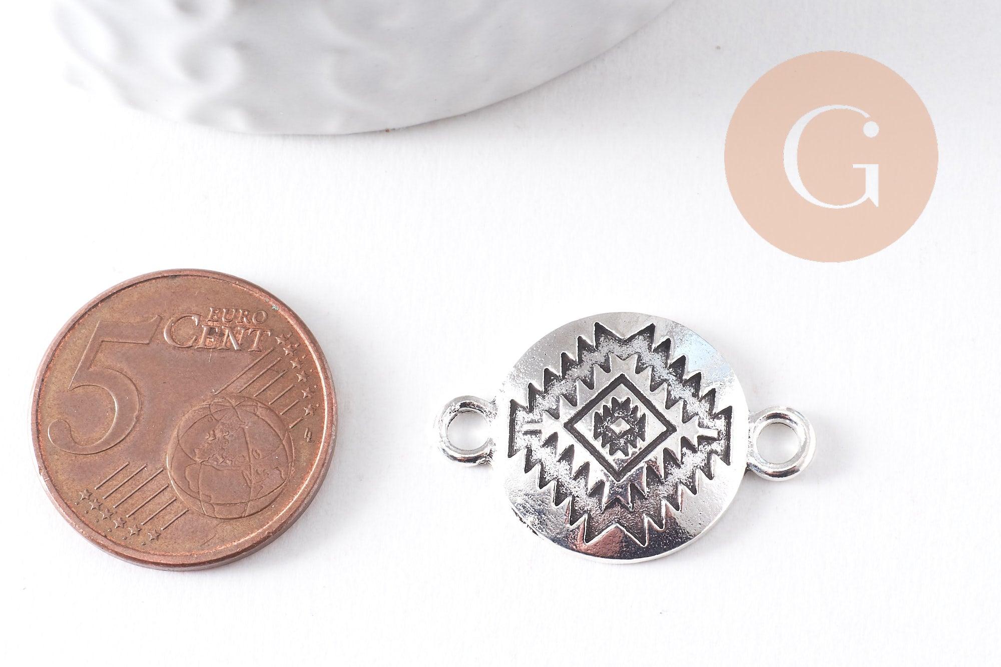 Pendentif connecteur rond zamac platine motif amérindien 26mm, x2 (G10417)