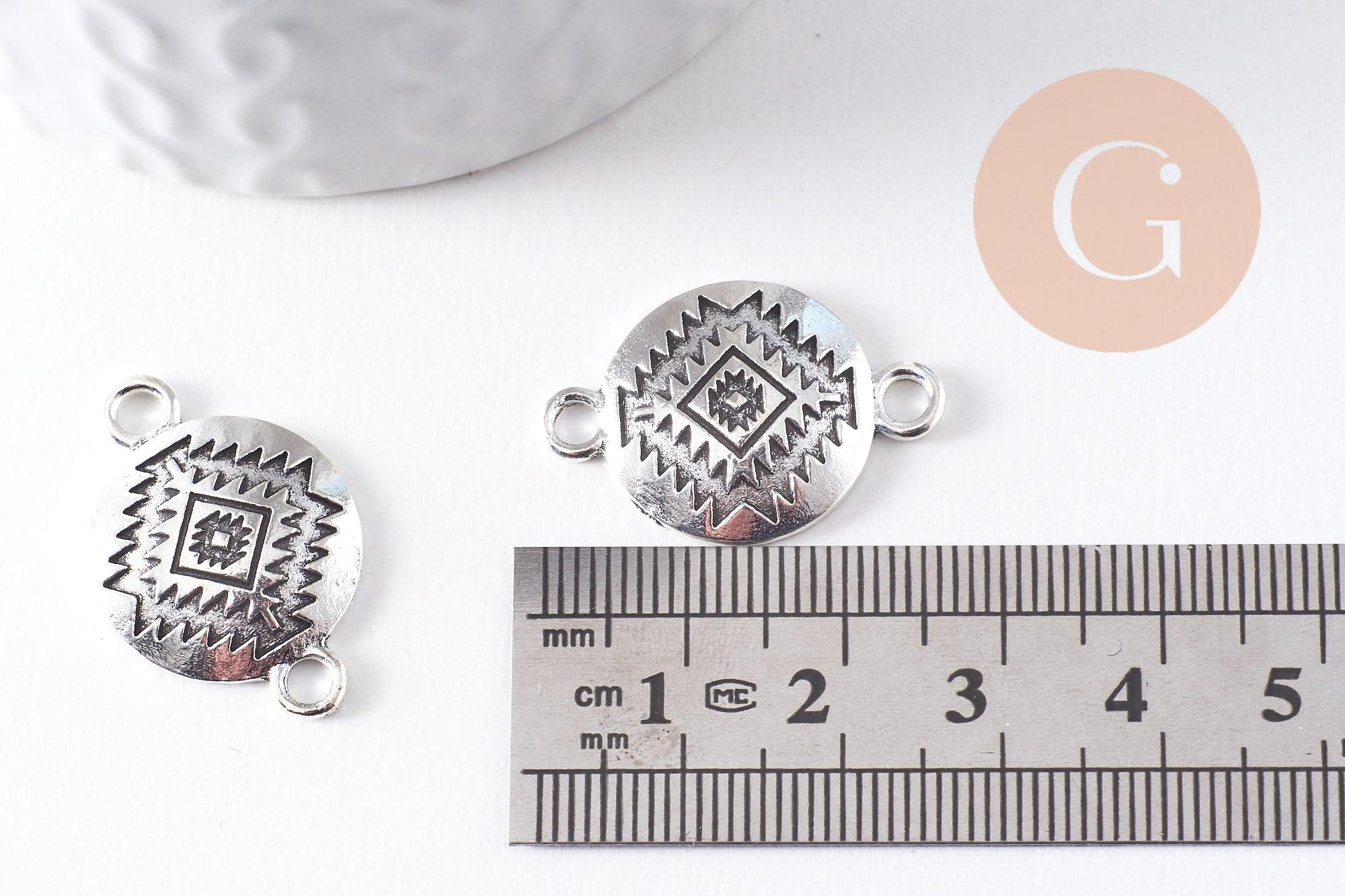 Pendentif connecteur rond zamac platine motif amérindien 26mm, x2 (G10417)