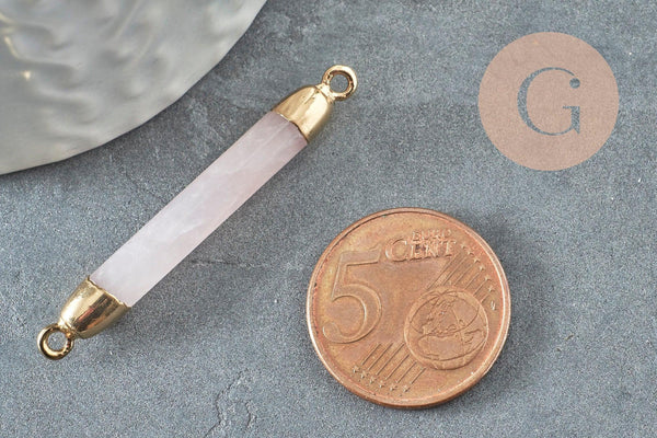 Pendentif connecteur tube quartz rose naturel fer doré 45mm,création bijoux pierre naturelle, x1 G3389