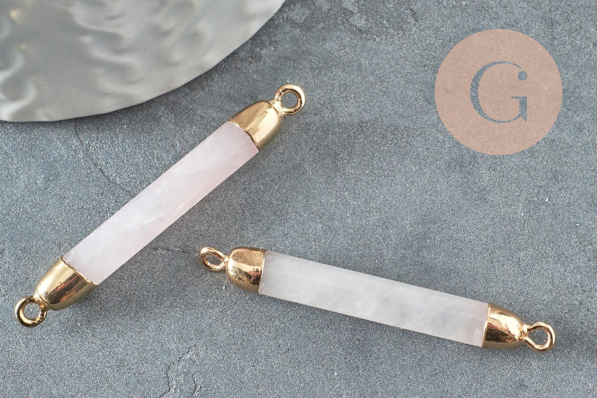 Pendentif connecteur tube quartz rose naturel fer doré 45mm,création bijoux pierre naturelle, x1 G3389